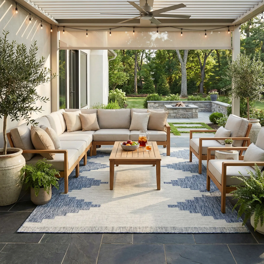 Djugun Blue Outdoor Rug by Boutique Rugs, transitional bohemian outdoor rug in blue and white on Tampa Home & Garden Store
