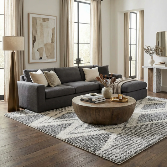 Trunding Plush Area Rug in charcoal and cream, chic living room setup by Boutique Rugs on Tampa Home & Garden Store
