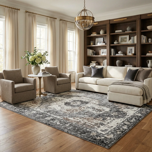 Newalla Area Rug in Turkish Style with gray ivory distressed pattern under beige seating on Tampa Home & Garden Store