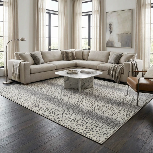 Pointblank Gray Antelope Print Area Rug by Boutique Rugs in a neutral living room on Tampa Home & Garden Store