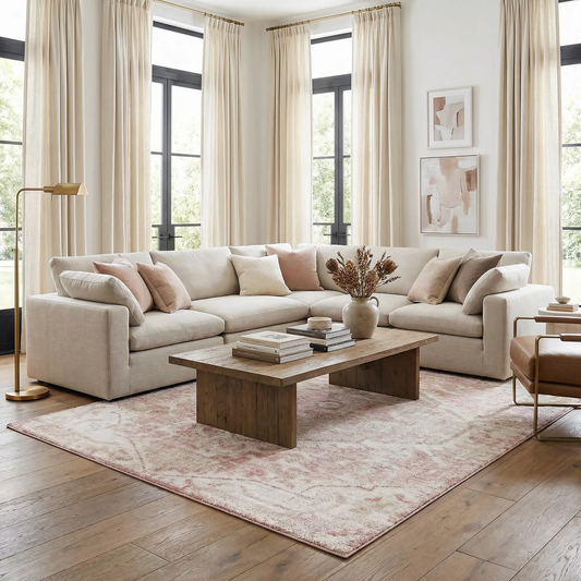 Leonora Area Rug in Cream and Beige, machine woven by Boutique Rugs, in a light living room on Tampa Home & Garden Store
