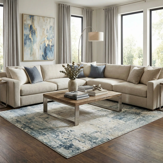Devonport Thick Luxe Area Rug Olive by Boutique Rugs in a modern living room with beige sofa on Tampa Home & Garden Store