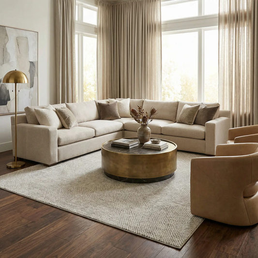 Horsley Contemporary Area Rug machine woven beige neutral, shown in a bright living room on Tampa Home & Garden Store