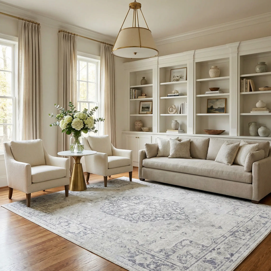 Akram Antrasit flat pile washable rug with a subtle gray damask pattern in a bright living room on Tampa Home & Garden Store