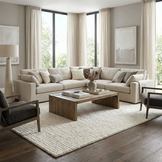 Keita Ivory Area Rug with Grid Pattern in ivory, Boutique Rugs, rug in a modern living room on Tampa Home & Garden Store