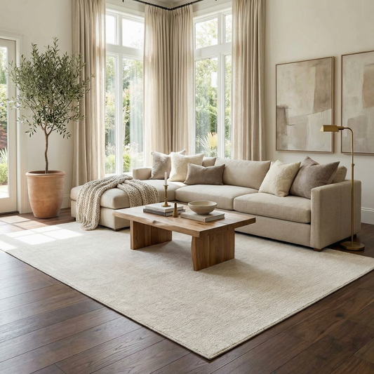 Leanna Cream Washable Area Rug by Boutique Rugs cream textured rug in a bright living room on Tampa Home & Garden Store