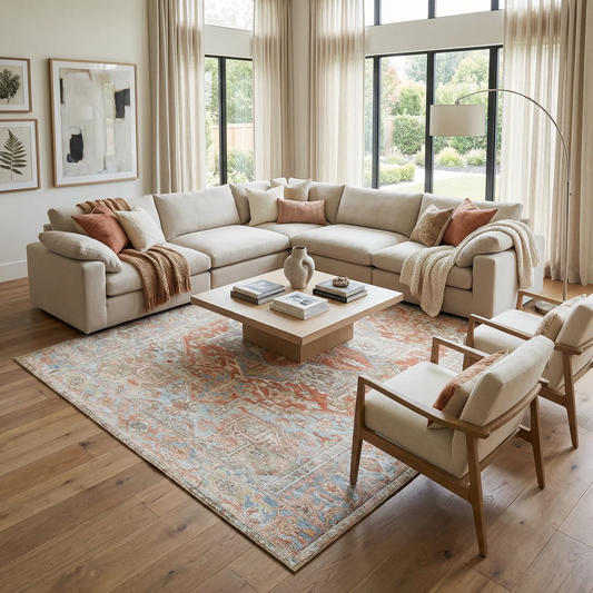 Rust Maayon Washable Rug by Boutique Rugs, rust-blue vintage pattern in beige living room on Tampa Home & Garden Store