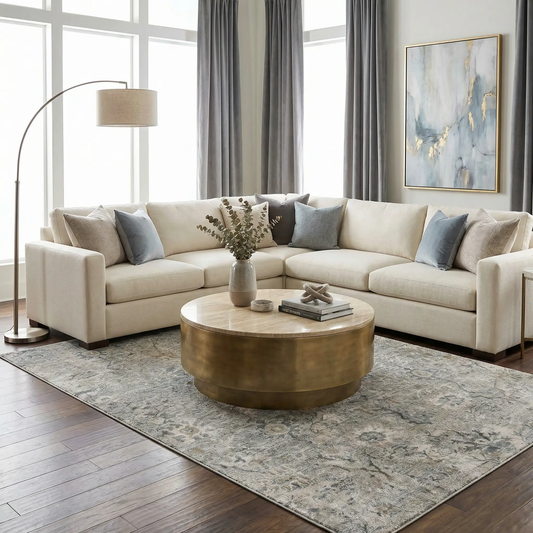 Gilmanton Thick Luxe Boutique Rug gray taupe under beige sectional in a modern living room on Tampa Home & Garden Store
