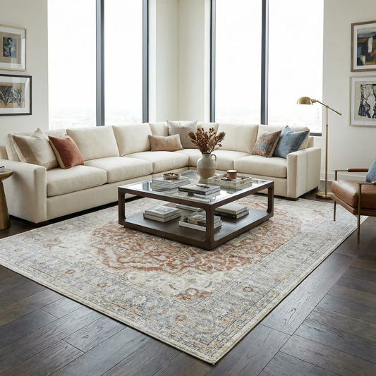 Emke Flat Pile Washable Rug beige with blue accents under glass coffee table in living room on Tampa Home & Garden Store