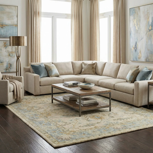 Albert Hand Tufted Wool Rug Charcoal by Boutique Rugs; blue-gold beige living room rug on Tampa Home & Garden Store