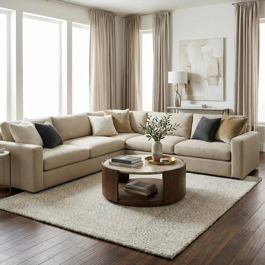 Daiva Luxe Rug, cream Turkish machine-woven by Boutique Rugs, shown in a beige living room on Tampa Home & Garden Store