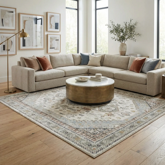 Kouta Light Gray Area Rug machine woven polyester in a modern living room setting on Tampa Home & Garden Store