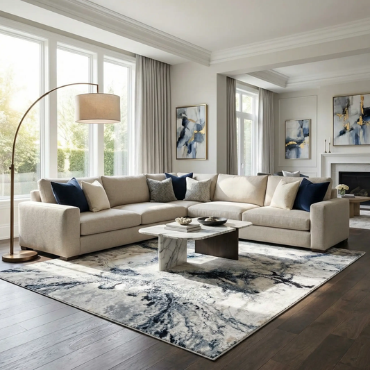 Kirkland Dark Blue Marble Rug by Boutique Rugs in a bright living room with beige sectional on Tampa Home & Garden Store