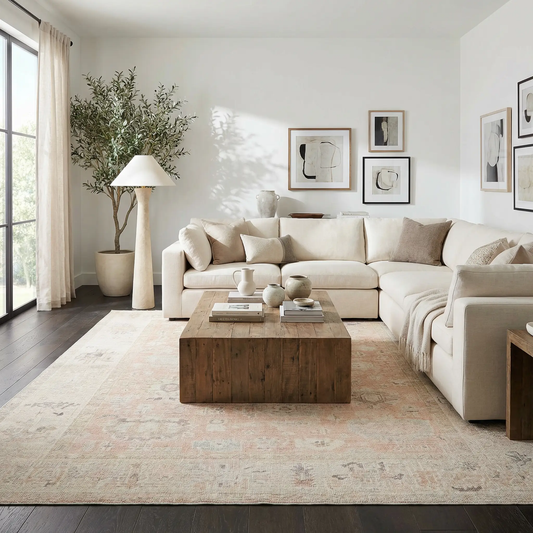 Marlene machine woven area rug Becki Owens in soft beige tones in a bright living room on Tampa Home & Garden Store