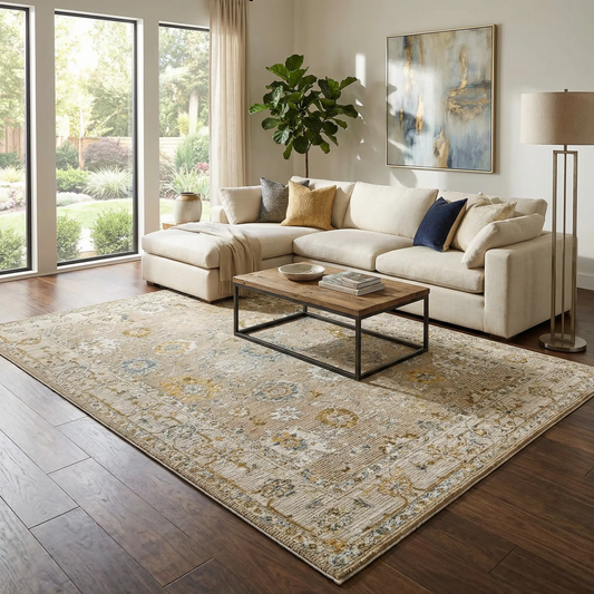 Cabinteely Luxe Oushak Rug Cream Mustard Denim in living room with cream sofa Boutique Rugs on Tampa Home & Garden Store