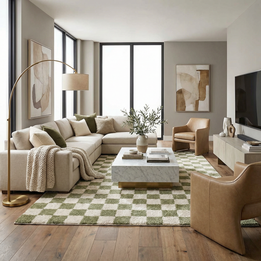 Canika Green Checkered Washable Plush Rug by Boutique Rugs in a modern living room setting on Tampa Home & Garden Store