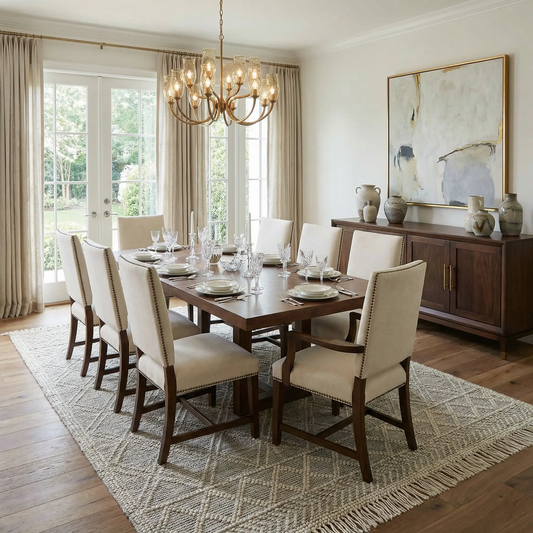 Ramsbury Wool Area Rug with Ivory Accents in a dining room setting with cream chairs on Tampa Home & Garden Store