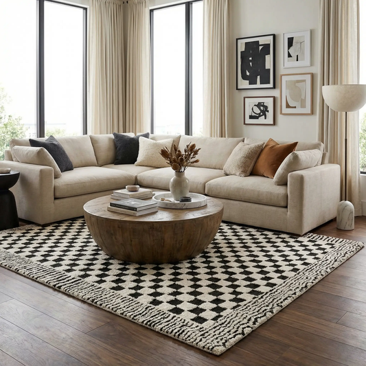 Leryn Black and White Checkered Area Rug by Boutique Rugs in a living room with a sectional on Tampa Home & Garden Store
