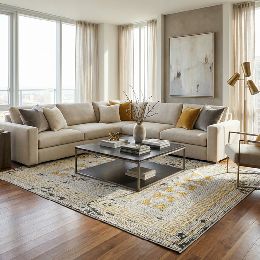 Area rug mustard mosaic tile texture Boutique Rugs in neutral grays and beiges on Tampa Home & Garden Store