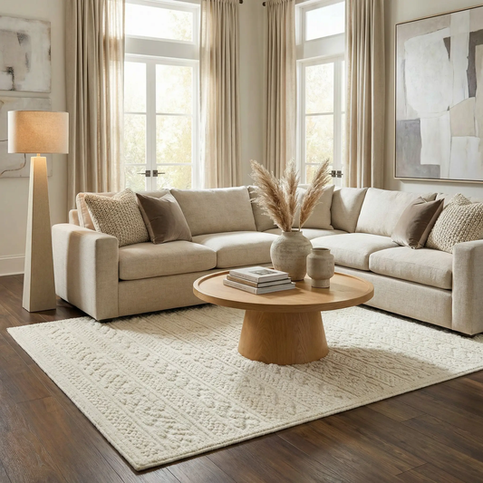 Rug Fadey White 3D Washable Transitional Bohemian Boutique Rugs in a cream living room on Tampa Home & Garden Store