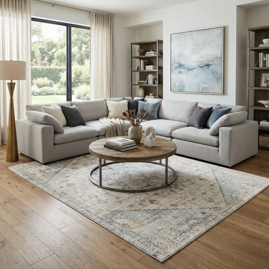 Orrick Modern Farmhouse Area Rug Medallion by Boutique Rugs in soft gray-blue tones on Tampa Home & Garden Store