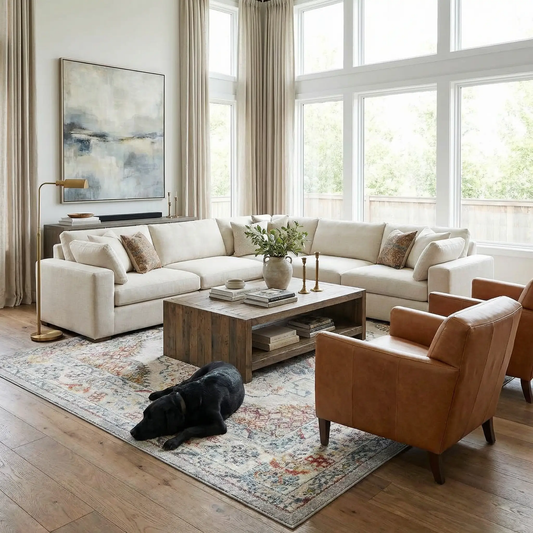 Haymond Area Rug Boutique Rugs in a bright living room with a blue-cream motif under a cream sectional on Tampa Home & Garden Store