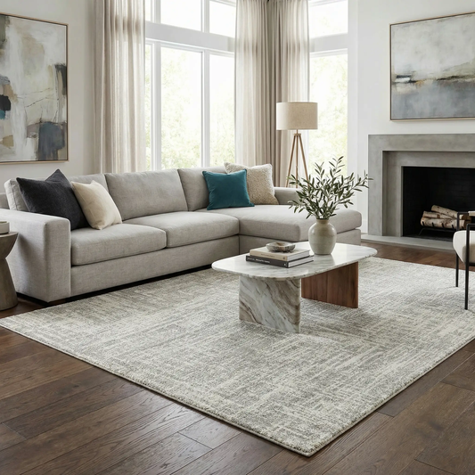Cowbridge Contemporary Area Rug cream and beige Boutique Rugs in bright living room on Tampa Home & Garden Store