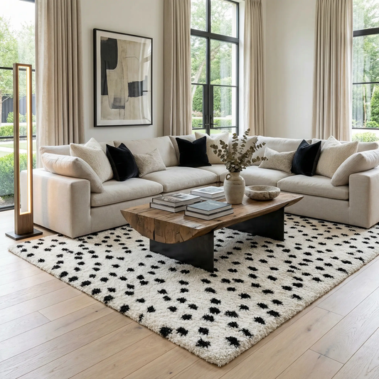 Cansu Black and White Dotted Area Rug in a bright living room with beige sectional on Tampa Home & Garden Store