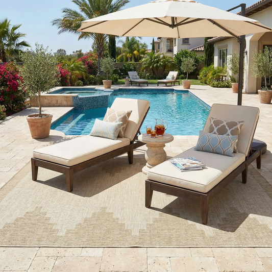 Djugun Beige Indoor & Outdoor Rug by Boutique Rugs on a poolside patio with beige lounge chairs on Tampa Home & Garden Store