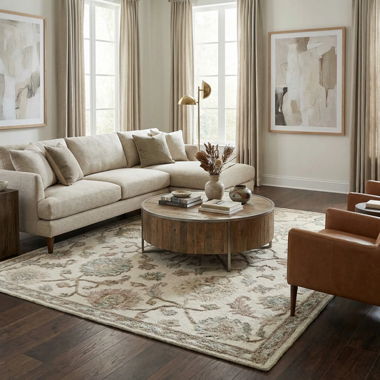 Callum Oushak Wool Area Rug Ivory and Sage with subtle motif under sofa in living room on Tampa Home & Garden Store