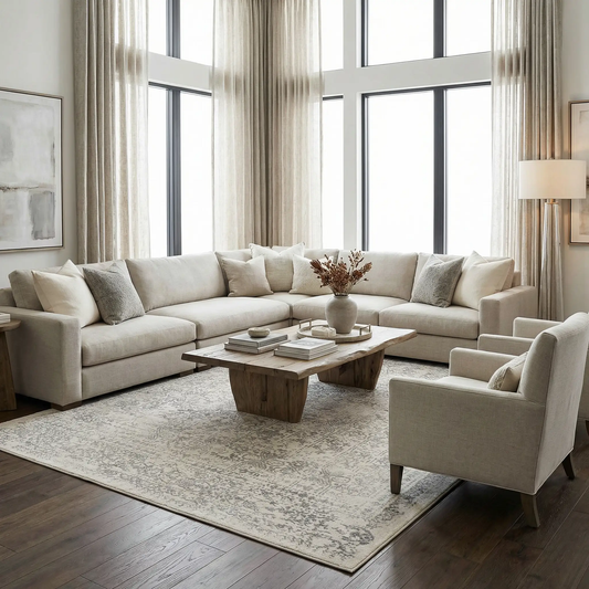 Michie Area Rug Cream Gray Slate under beige sofa in a bright living room on Tampa Home & Garden Store