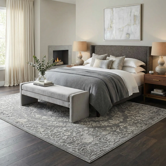 Battleview Updated Traditional Tibetan Rug in gray ivory with border beneath bed on Tampa Home & Garden Store
