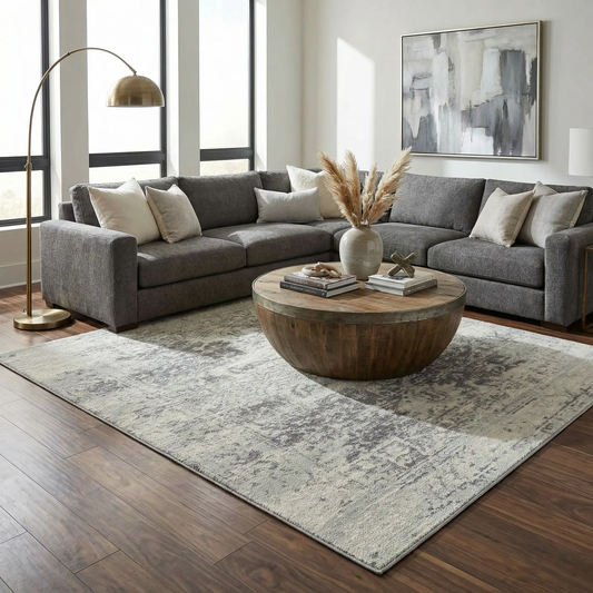 New Rachel Area Rug charcoal beige by Boutique Rugs in a modern living room on Tampa Home & Garden Store