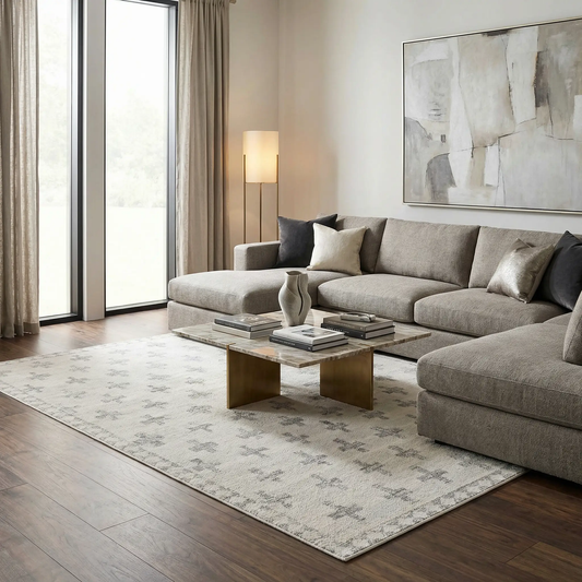 Tigris Swiss Cross Ivory & Gray Area Rug by Boutique Rugs clearance in a modern living room on Tampa Home & Garden Store