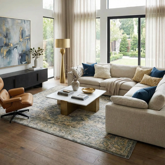 Vaeda Blue Thick Luxe Rug, traditional Turkish pattern in blue and cream, in a living room on Tampa Home & Garden Store
