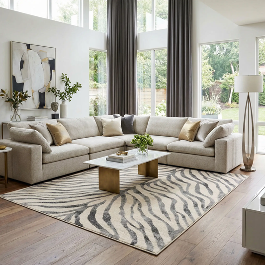 Gray Ecorse zebra print machine-woven area rug by Boutique Rugs in living room on Tampa Home & Garden Store