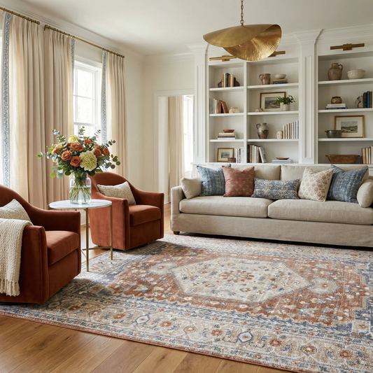 Gael Rust Boutique Washable Rug for Living Room, machine-woven in rust, navy and ivory on Tampa Home & Garden Store