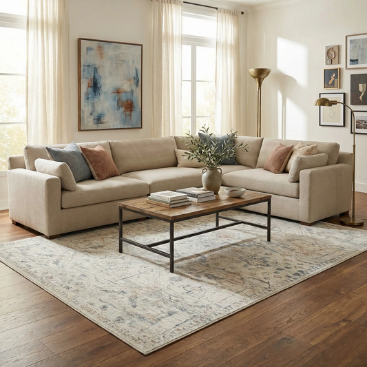 Marlene Machine Woven Area Rug by Boutique Rugs in neutral ivory with blue-gray abstract pattern on Tampa Home & Garden Store