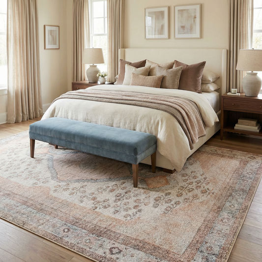 Analu non slip washable rug tan and light blue, Boutique Rugs, beige bedroom with blue bench on Tampa Home & Garden Store
