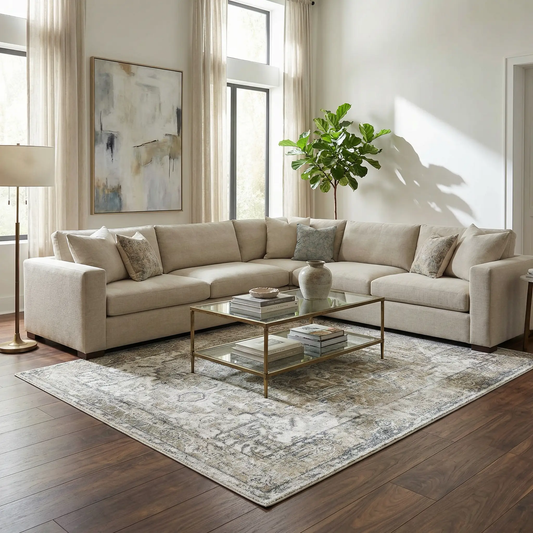 Hera Olive Boutique Rug by Boutique Rugs, machine washable, neutral olive-gray tones on Tampa Home & Garden Store