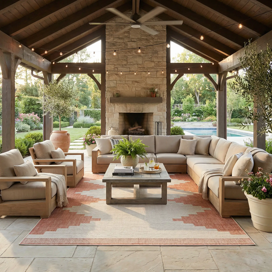Djugun Peach Fuzz Area Rug by Boutique Rugs for indoor & outdoor spaces in peach tones on Tampa Home & Garden Store