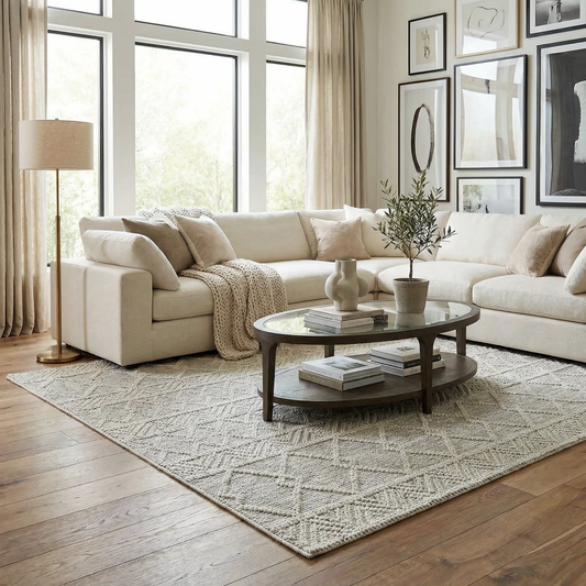 Whittington Wool Area Rug in charcoal and white, handmade Moroccan-inspired living-room rug on Tampa Home & Garden Store