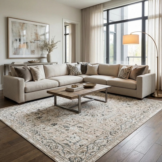 Laughlin Thick Luxe Boutique Rugs machine-woven beige-gray rug with subtle pattern on floor on Tampa Home & Garden Store