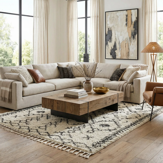 Godalming Plush Area Rug charcoal and beige with tassel fringe in a bright living room on Tampa Home & Garden Store