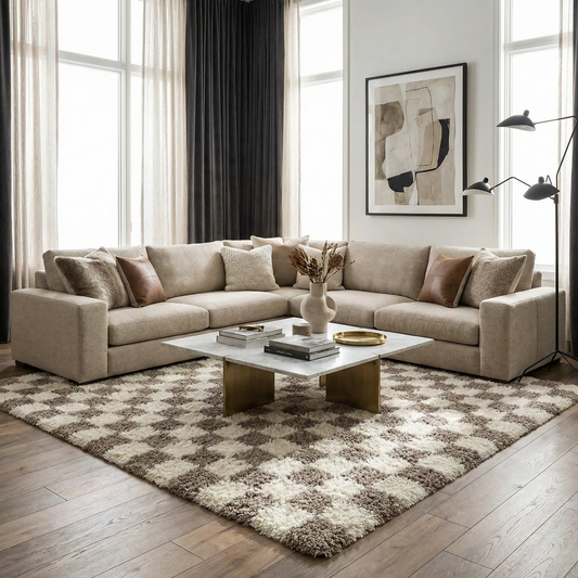 Atira Cream and Brown Checkered Area Rug with plush shag pile in cream and brown tones Boutique Rugs on Tampa Home & Garden Store