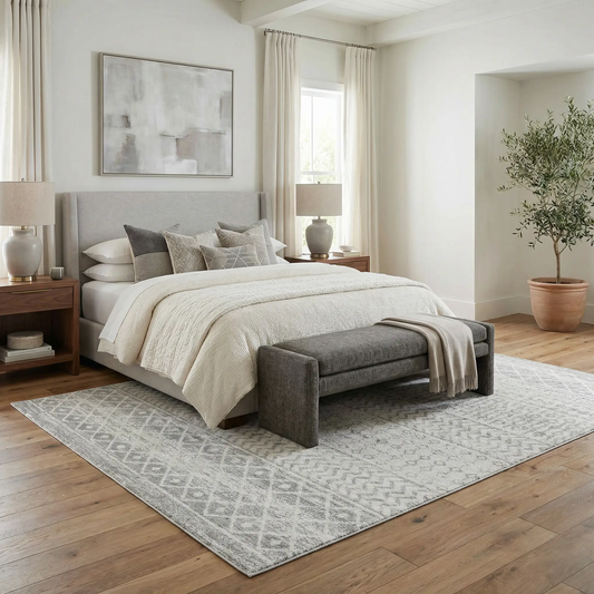Constantin Gray Area Rug by Boutique Rugs with geometric pattern under bed in bedroom on Tampa Home & Garden Store