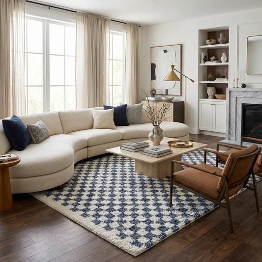 Kieu Blue and White Checkered Area Rug under sectional in bright living room Boutique Rugs on Tampa Home & Garden Store