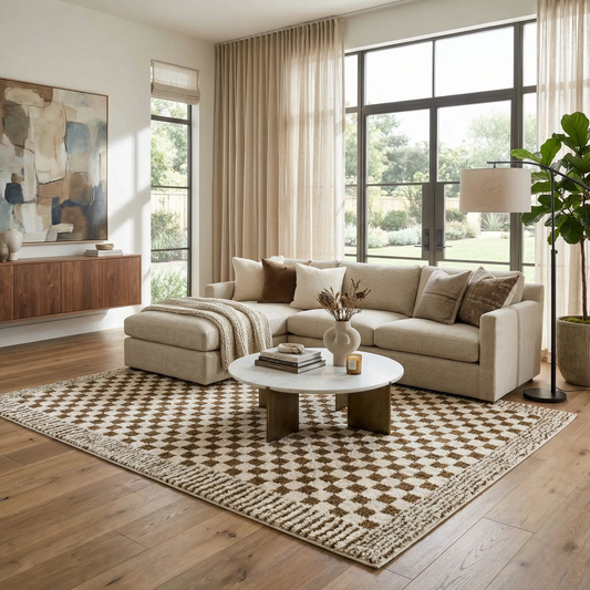 Leryn Brown Checkered Plush Rug by Boutique Rugs in brown ivory checkered living room on Tampa Home & Garden Store