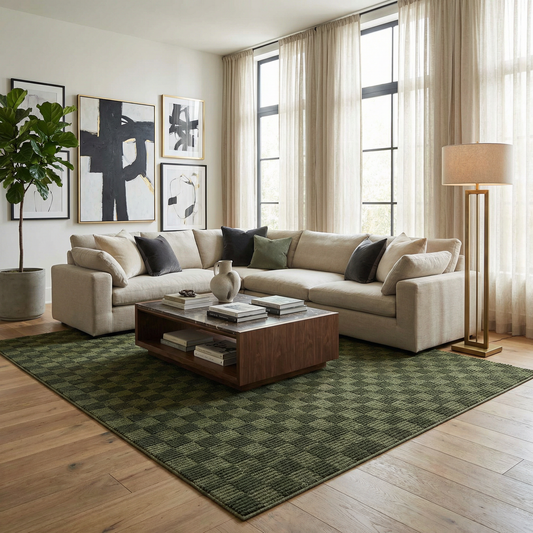 Truls 3D Checkered Washable Rug Green in a modern living room on Tampa Home & Garden Store