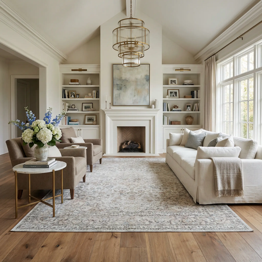 Cream Holi 2301 washable area rug by Boutique Rugs in a light living room with beige seating on Tampa Home & Garden Store